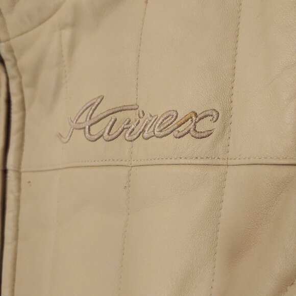 Avirex Leather Long Coat Quilted Beige High Neck Vintage 90s Minimal Jacket - Picture 4 of 13